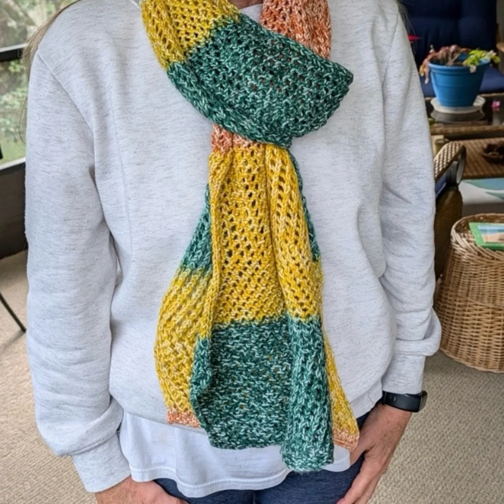 Scarf Hand Crafted Yellow Green Purple Orange Knit Acrylic
